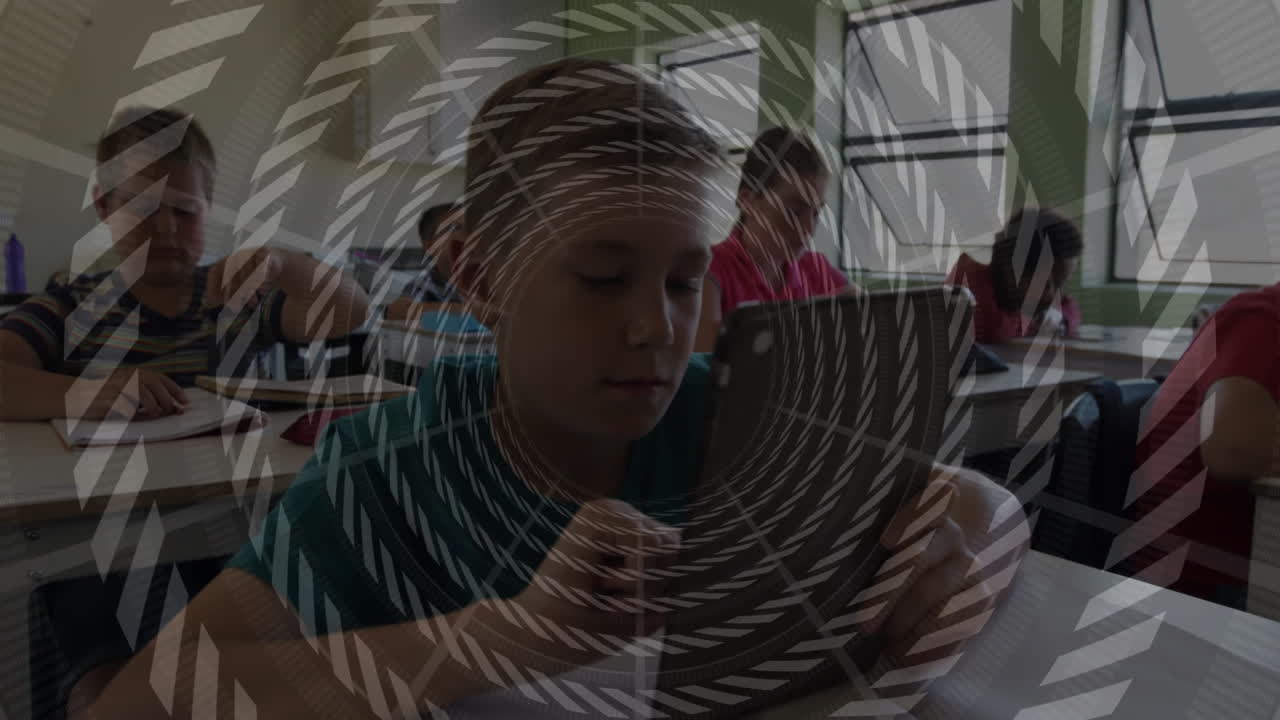 Young students using tablets in classroom with swirling pattern overlay animation