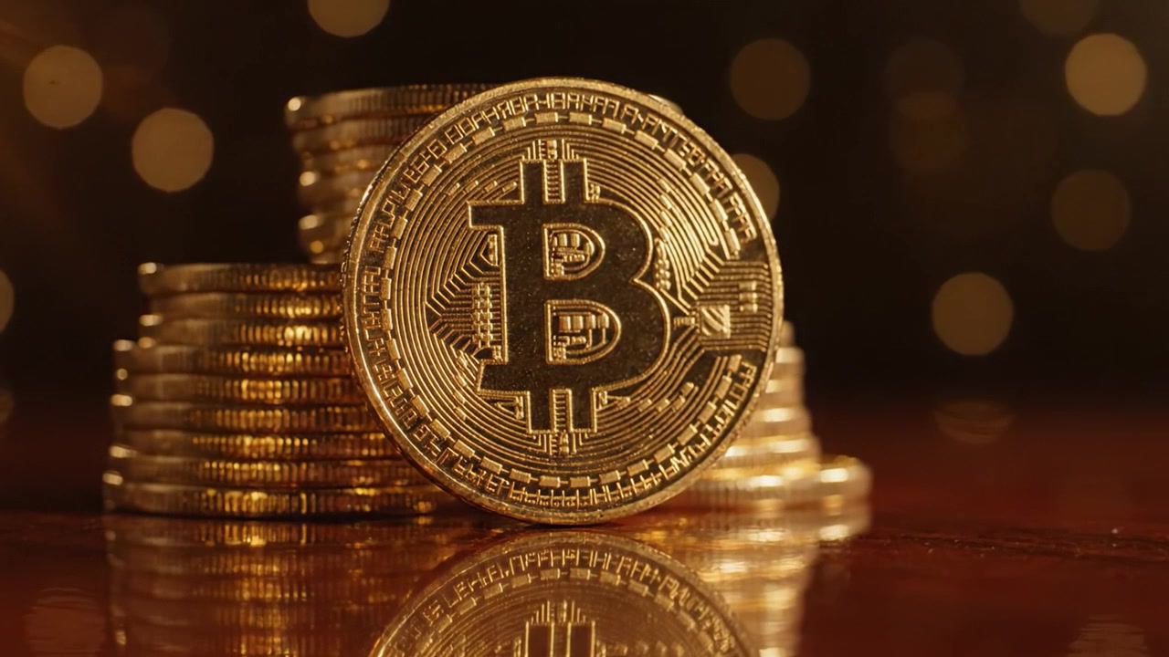 Criptovaluta d'oro scintillante: una pila di monete Bitcoin che riflettono una lussuosa luce dorata e la moderna ricchezza digitale in un contesto finanziario contemporaneo.