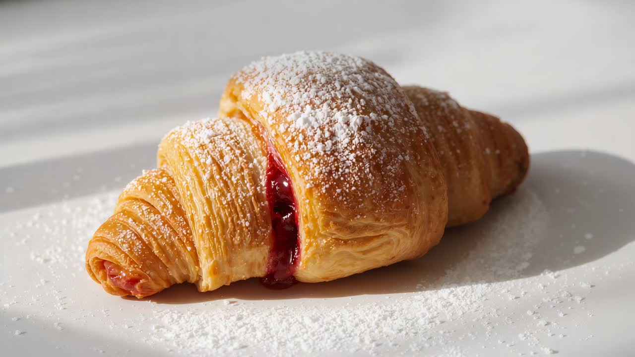 Camera pulling in, revealing jam-filled croissant on white plate, sugar and shadows showing layers