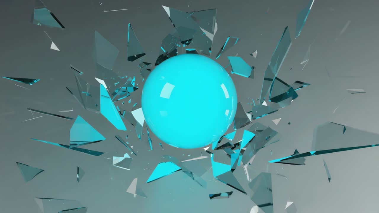 A 3D render of a sphere exploding into shards of glass