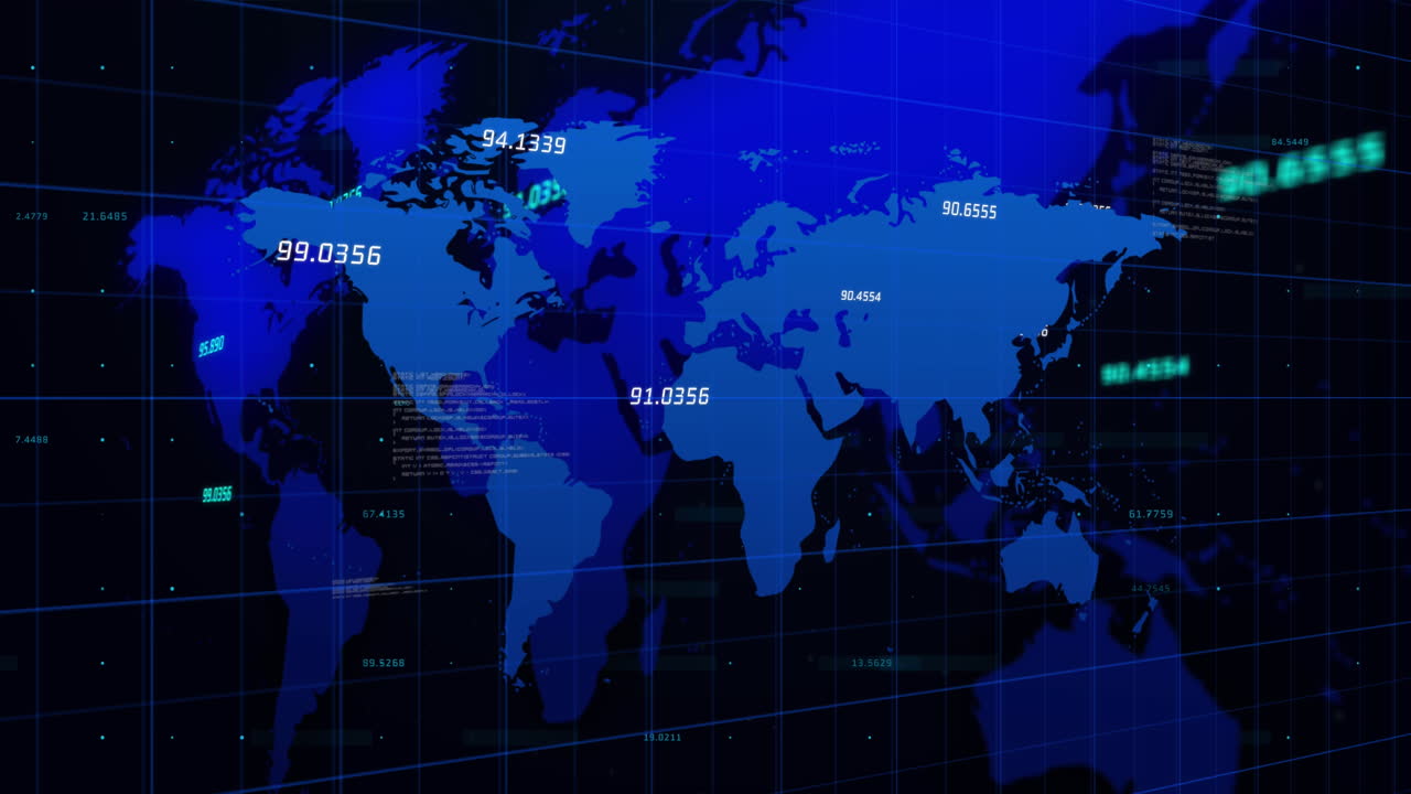 세계 지도와 함께 변화하는 숫자의 애니메이션과 데이터 처리