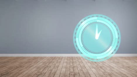 Animation-of-clock-moving-fast-with-copy-space-on-grey-and-wooden-background