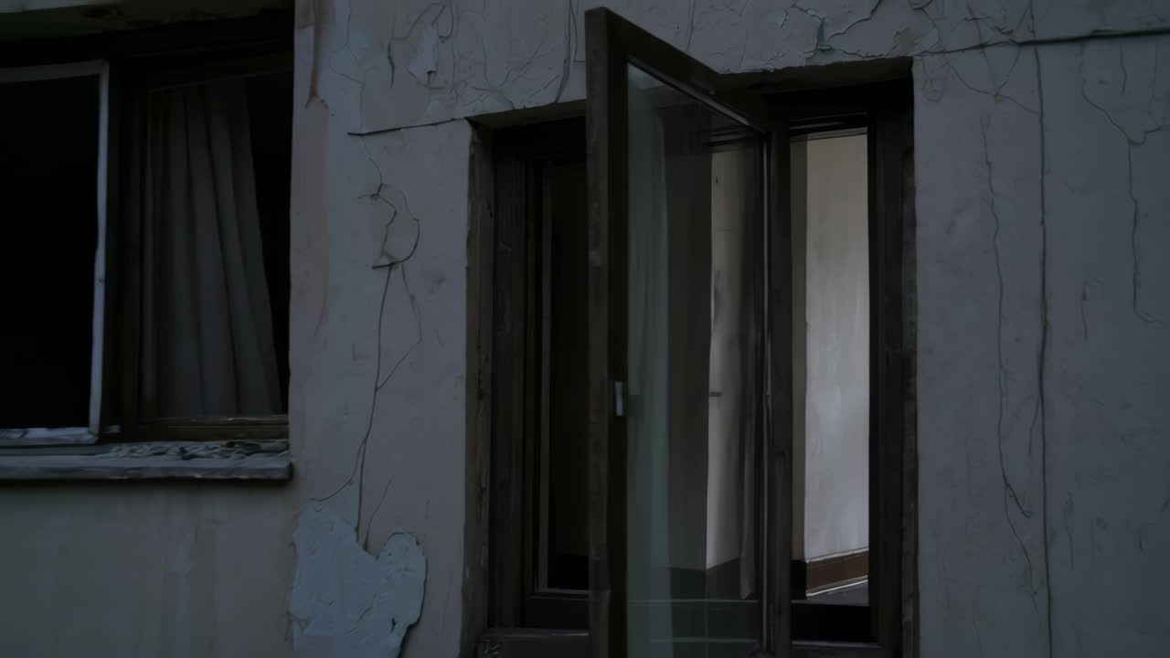 Abandoned Apartment Building with Cracked Paint and Open Windows