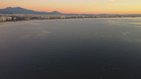 sunset flight over thessaloniki waterfront: aerial drone view captures birds gliding above tranquil aegean waters, near vibrant aristotle square – scenic greece coastal cityscape in golden light