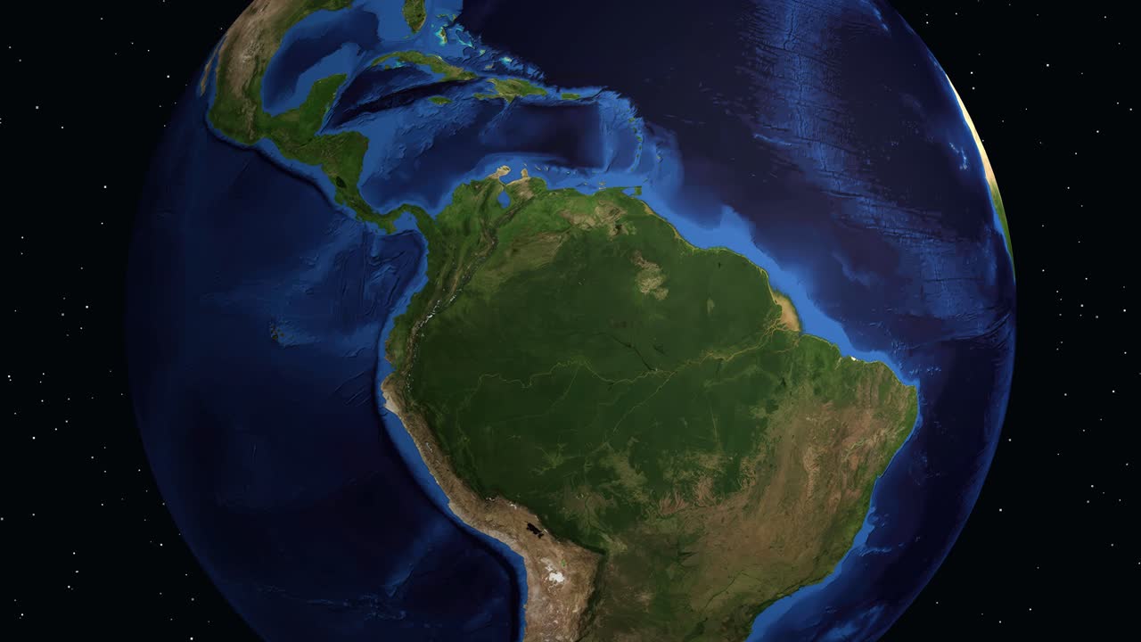 Globo digital gira e se aproxima da América do Sul, destacando Puerto Ayora com sobreposições de dados geográficos.