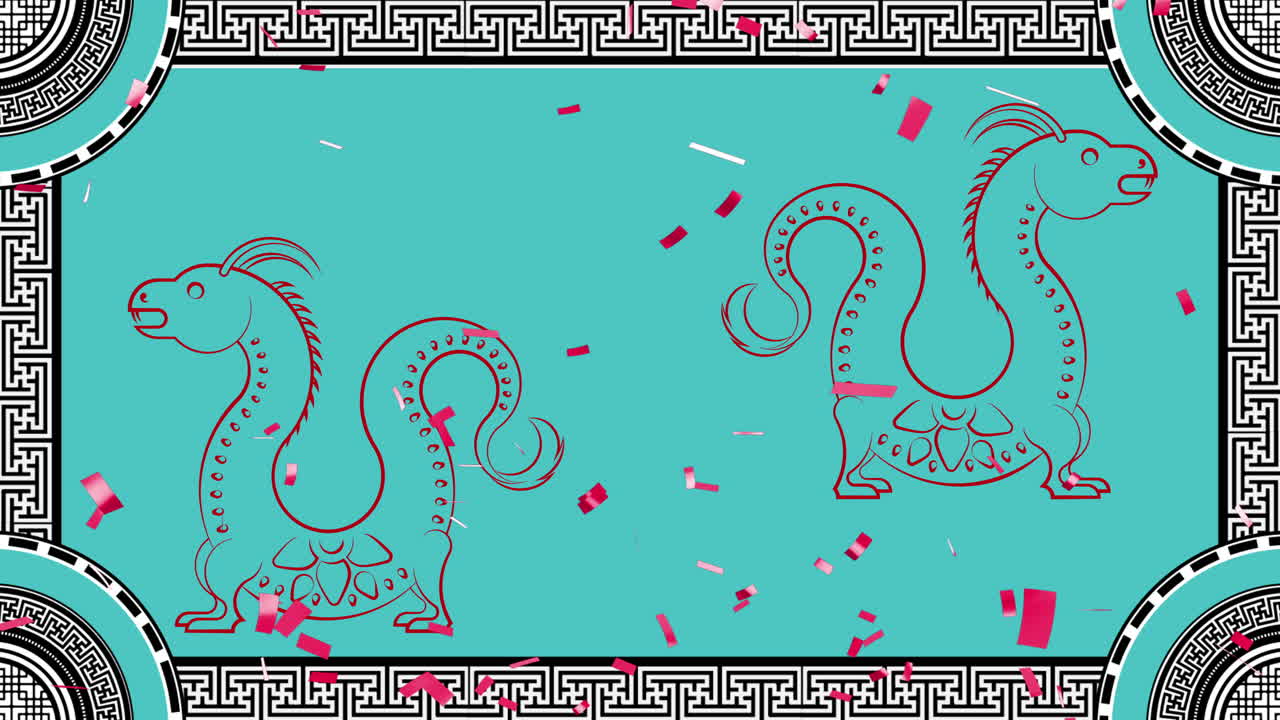 파란색 배경에 드래곤 기호와 중국 패턴의 애니메이션