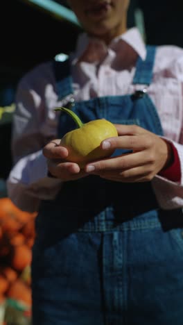 woman holding a small yellow pumpkin