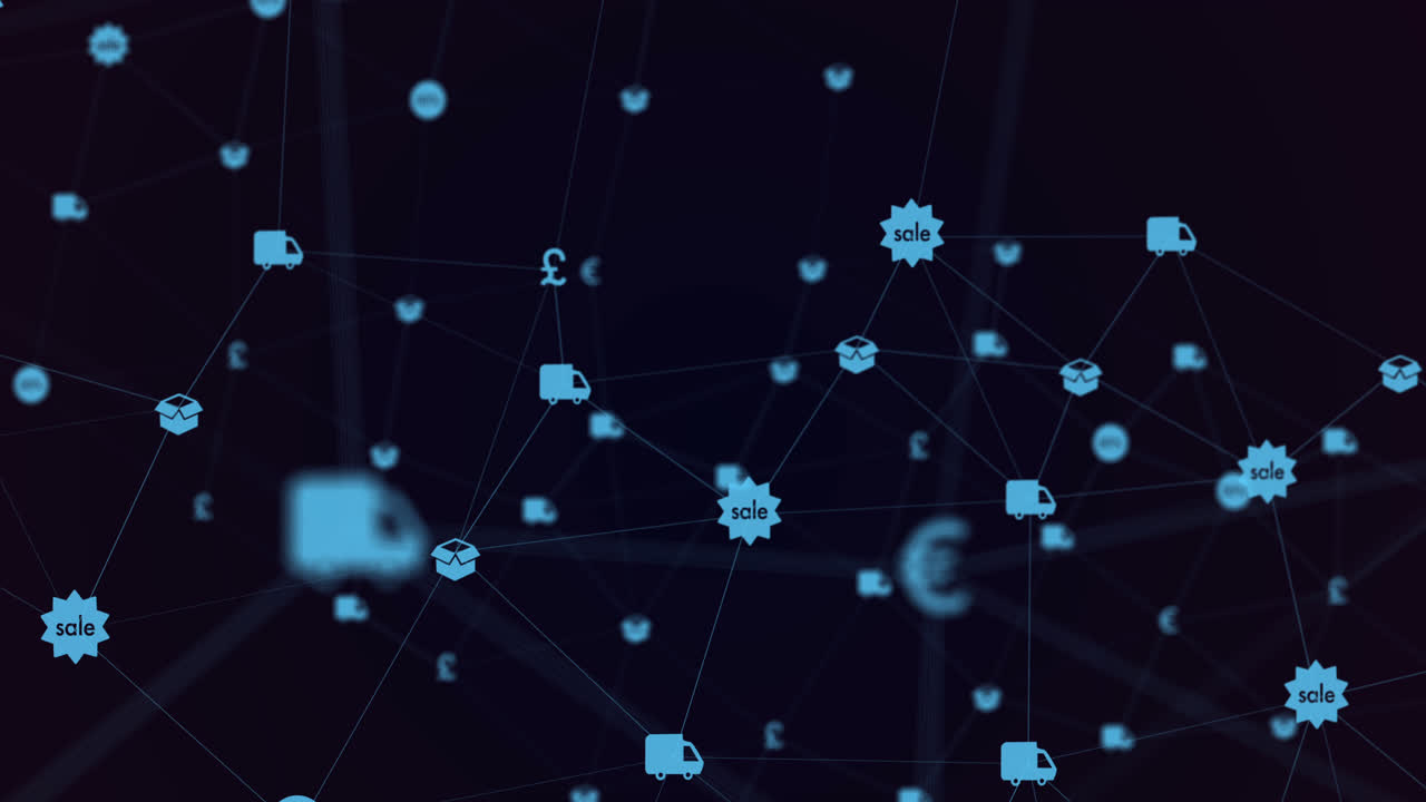 Animation of digital interface and network connections with financial and online shopping blue icons