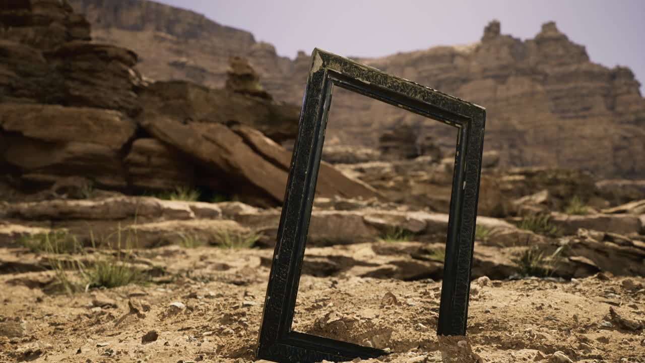 Empty picture frame in bright sunlight by rugged desert landscape