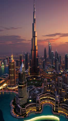 glowing cityscape with illuminated skyscrapers bathing in warm sunset colors, urban skyline reflecting vibrant architectural landscape near tranquil waterfront