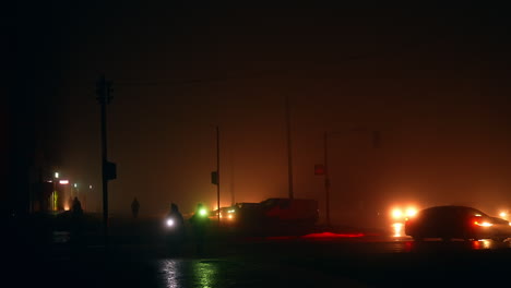 foggy night city street scene