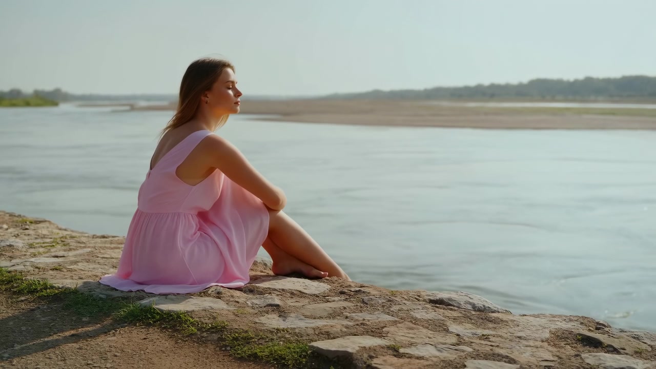 Giovane donna con i capelli lunghi siede a gambe incrociate su una pietra su una riva rocciosa del fiume, rivolta a destra verso un ampio fiume calmo. Luce diurna soffusa e cielo azzurro pallido