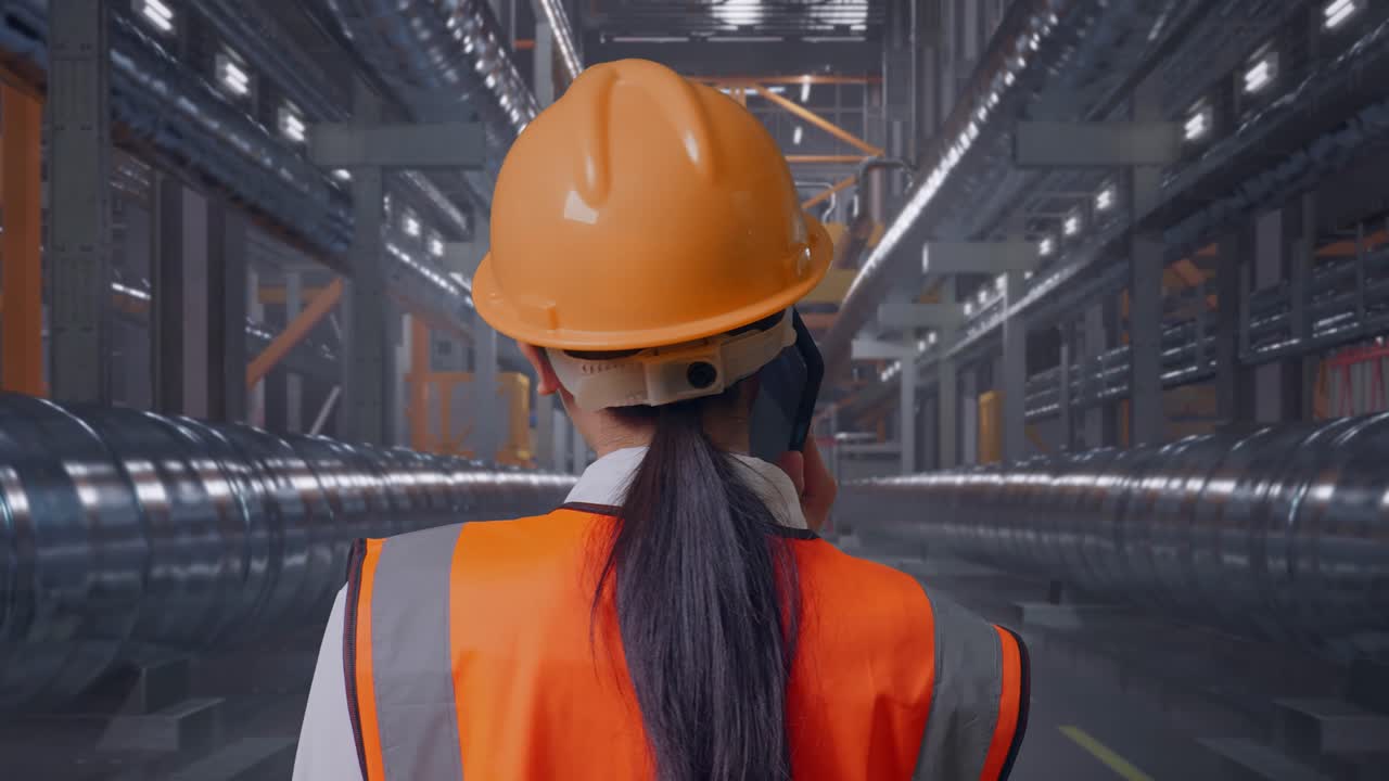 Close Up Back View Of Asian Female Engineer With Safety Helmet Talking On Smartphone While Standing With Metal Pipes