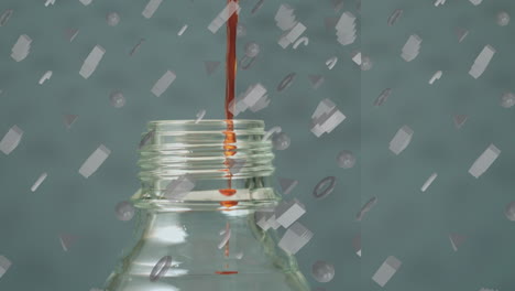 animation of rows of white shapes over pouring red liquid into laboratory bottle