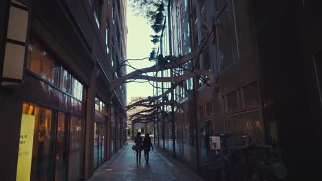 two women walking down an alleyway with ornamental metal tree branches