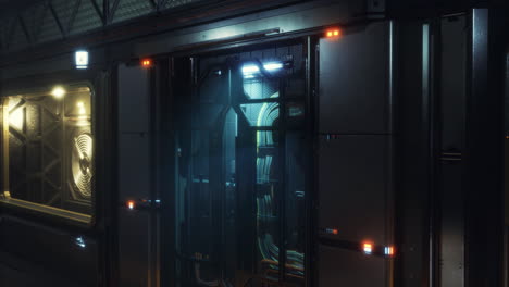 mysterious corridor with glowing door in a futuristic setting during night