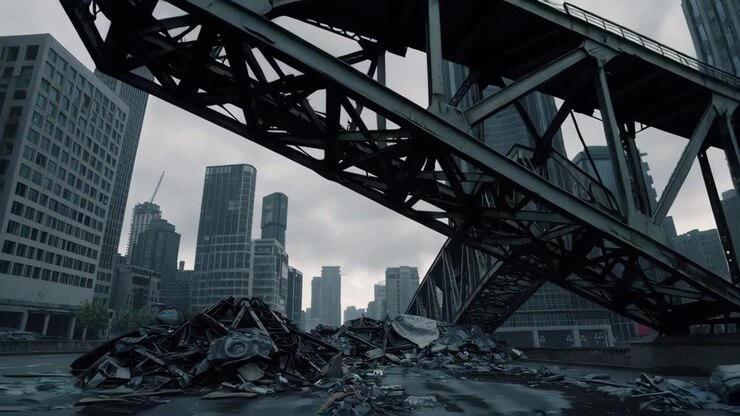 Paesaggio urbano post-apocalittico con ponte danneggiato