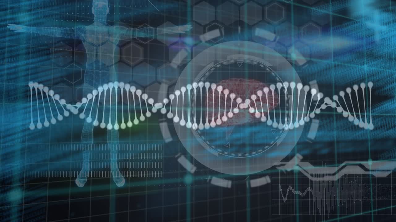 Animation of data processing with dna strand on black background