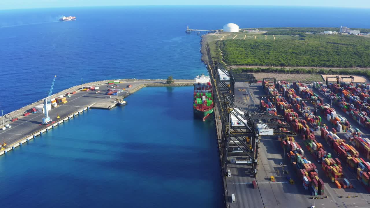 Quay of Caucedo port, Dominican Republic. Aerial forward and copy-space