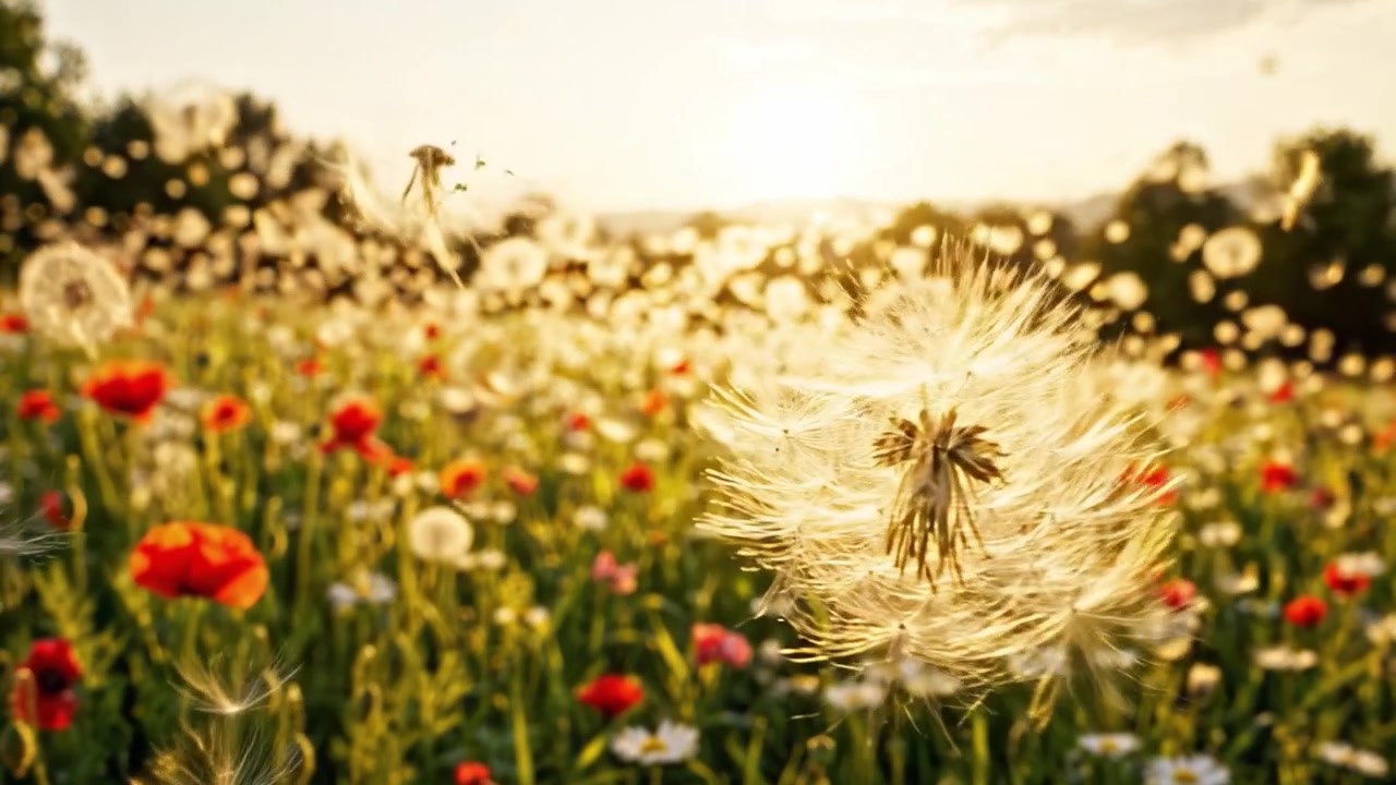Padang Bunga Liar yang Penuh Warna Saat Matahari Terbenam, Menampilkan Bunga Poppy dan Dandelion Berwarna-warni, Bermandikan Cahaya Keemasan Hangat dan Angin Sepoi Alam yang Lembut