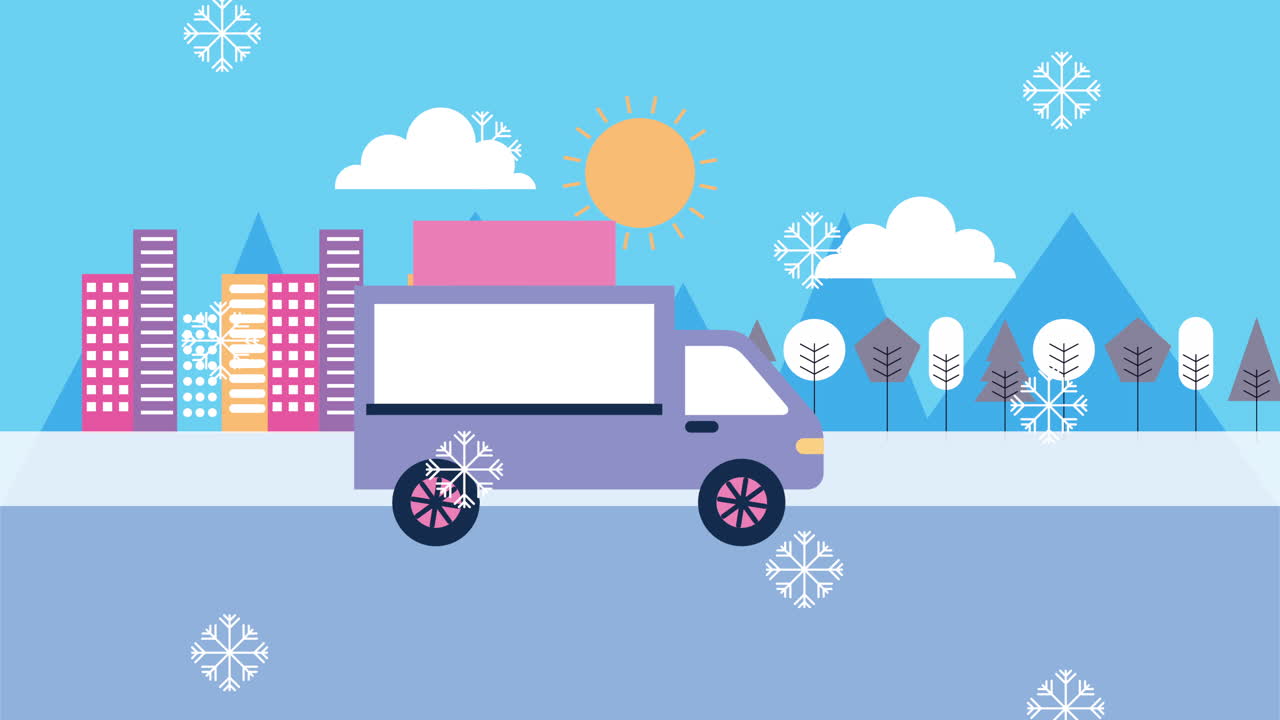 자동차와 건물과 함께 겨울 눈 풍경 장면