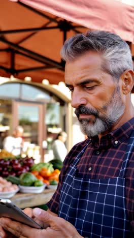 fruit and vegetable vendor arranging fresh produce at a market.