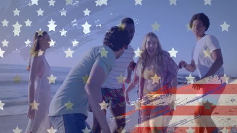 animation of flag of usa over happy diverse friends on beach in summer