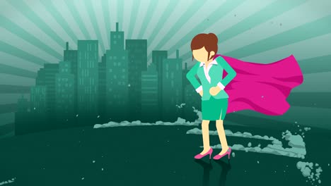 superhero standing on city background. near a cloud of dust. business woman symbol. leadership and achievement concept. comic loop animation.