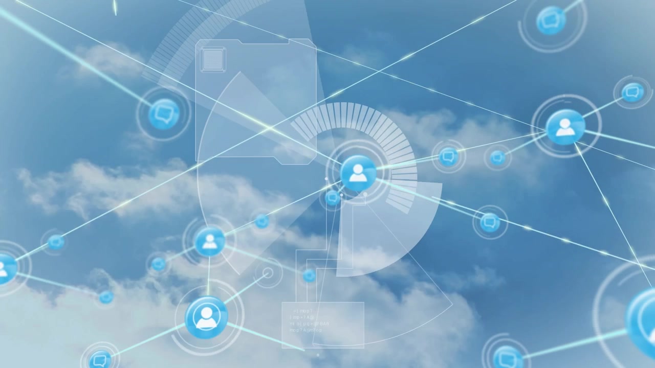Animation of network of connections with icons and scope scanning over sky with clouds