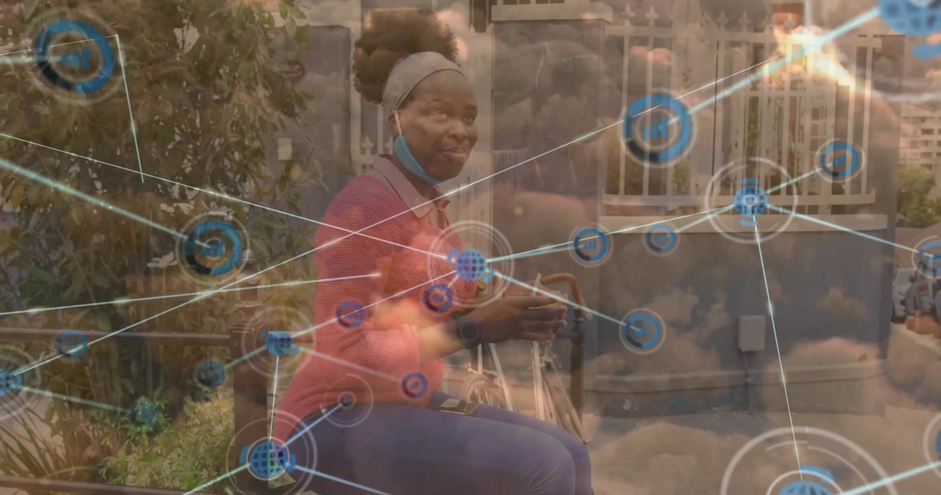Animation of network of connections over clouds and afrcian american woman with bike