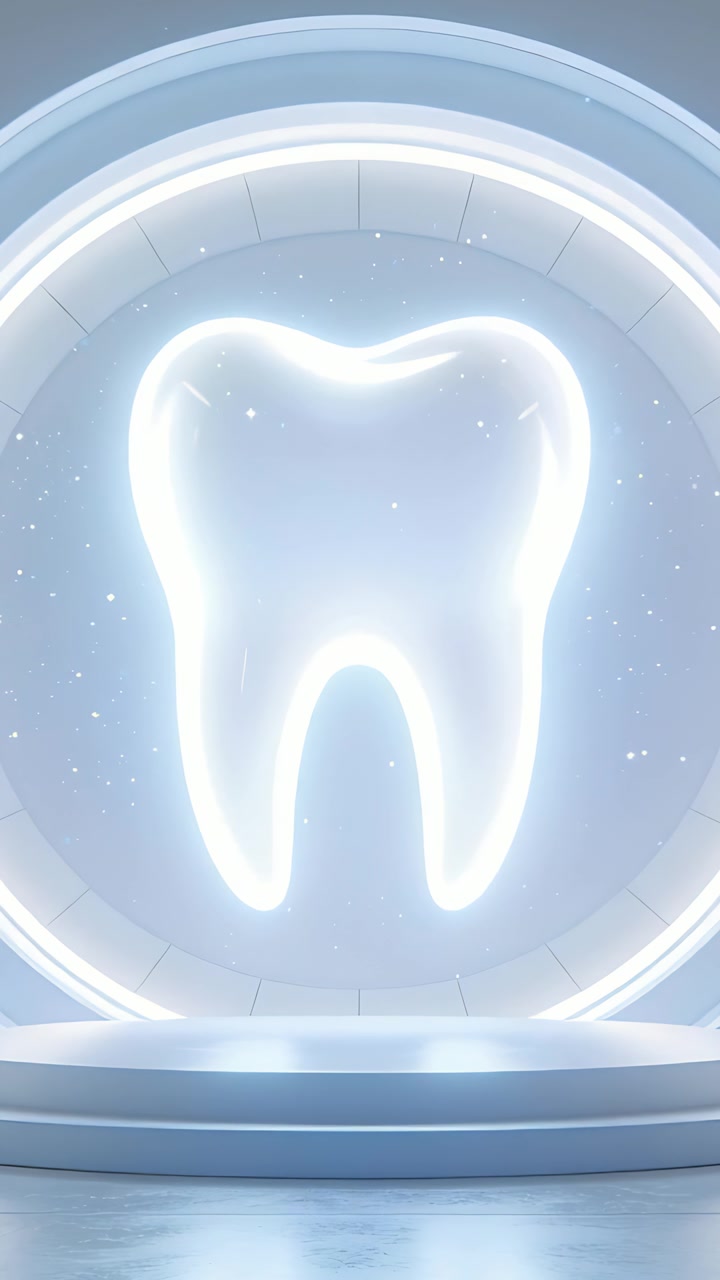 Video verticale: Capsula olografica a forma di dente che pulsa in una nicchia, luci ad anello che pulsano, creando stelle fluttuanti per una pubblicità.