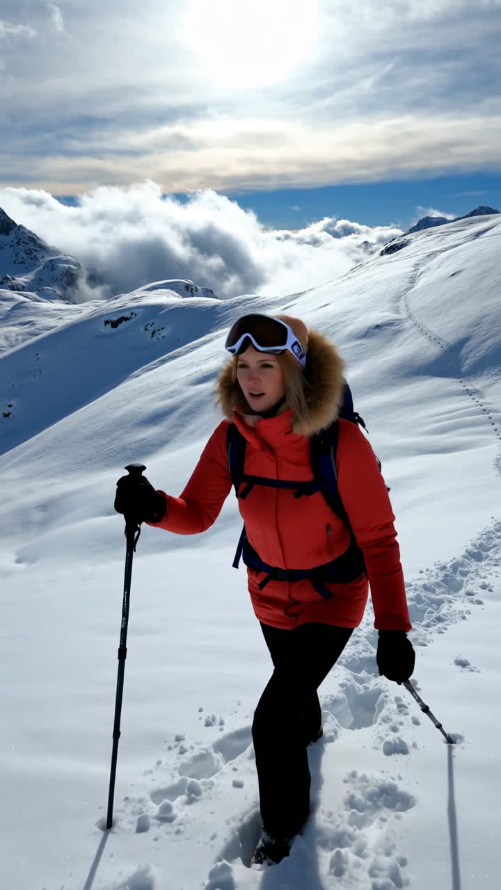 Donna in escursione in montagna innevata