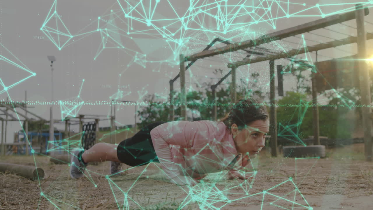 animación de formas sobre mujer caucásica en una carrera de obstáculos haciendo flexiones