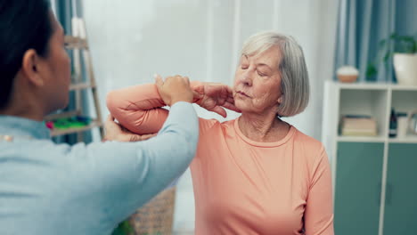 Fisioterapia,-Ancianos-O-Mujeres-Estirando-El-Codo.