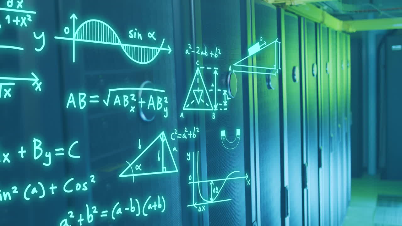 Animation of mathematical equation and diagrams over data server room