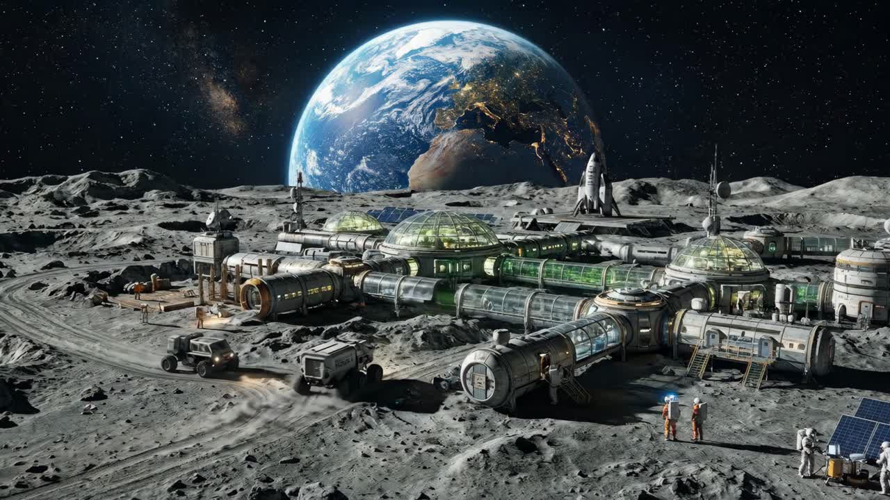 Futuristic Moon Base with Earth View and Astronauts on Lunar Surface