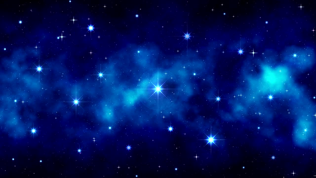 cielo estrellado de la noche, azul oscuro fondo cósmico dinámico con grandes estrellas brillantes parpadeantes, nebulosa en movimiento, bucle sin costuras