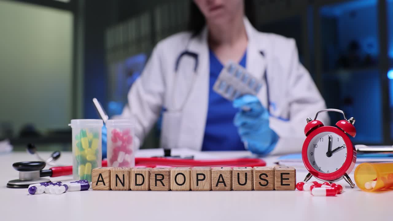 Andropause concept with medical professional and medication