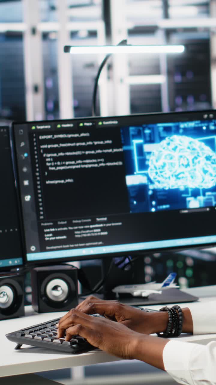 Vertical video Data center female programmer uses machine learning algorithms to analyze datasets
