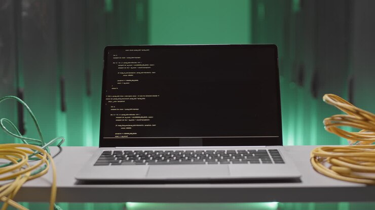 Laptop displaying code with network cables around