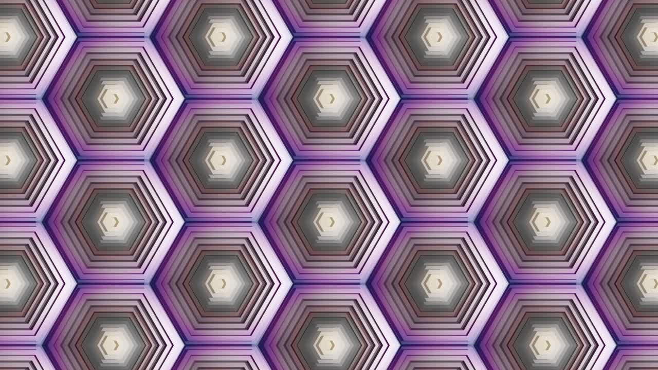 Multiple three dimensional colored hexagon shapes animated scrolling background.