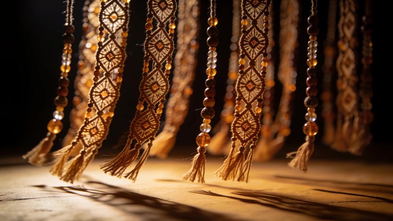 Swaying woven ribbons tassels beads from breeze under warm beam over wood table casting shadows