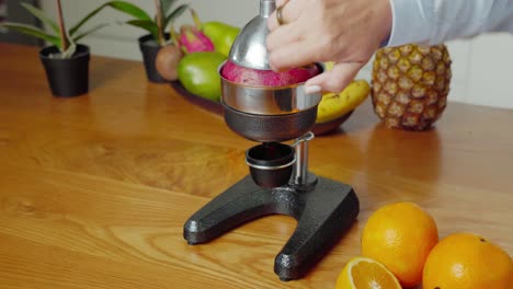 caucasian woman using hand press fruit juicer making fresh apple juice, close up