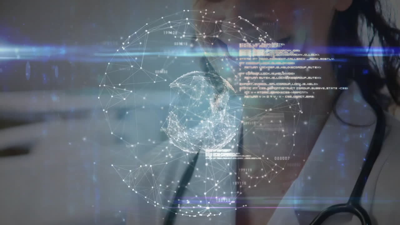 태블릿을 사용하는 카쿠시안 여성 의사에 대한 데이터 처리의 애니메이션