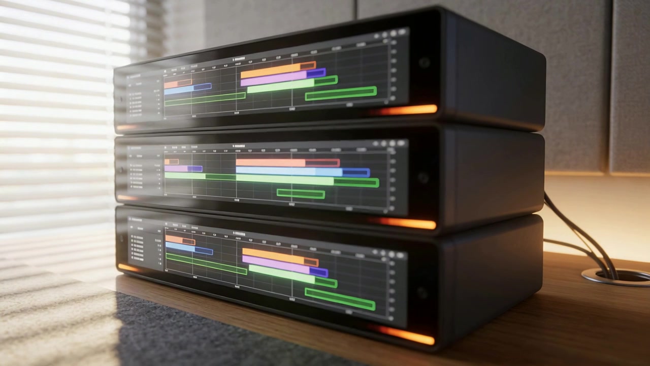 Starting playback, 3 stacked units playing timeline on wooden desk with orange LEDs and blinds