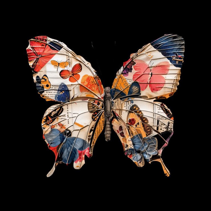 Animazione di collage artistico di farfalle colorate, risorsa isolata, video 4K trasparente, canale alfa