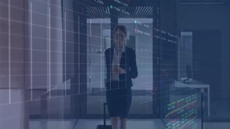 animation of data processing over smiling caucasian businesswoman with luggage in office