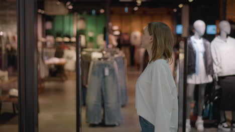 shopper in white top looking at clothing store display featuring blurred mannequins, racks of shoes, male and female clothing, set against vibrant retail environment with stylish interior