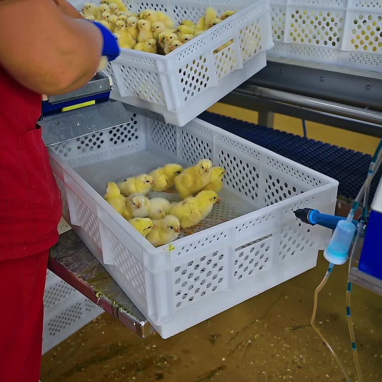 Examining chicks at a chicken farm. Woman worker takes a baby chick and automatically vaccinated on a special technique. Industry of poultry
