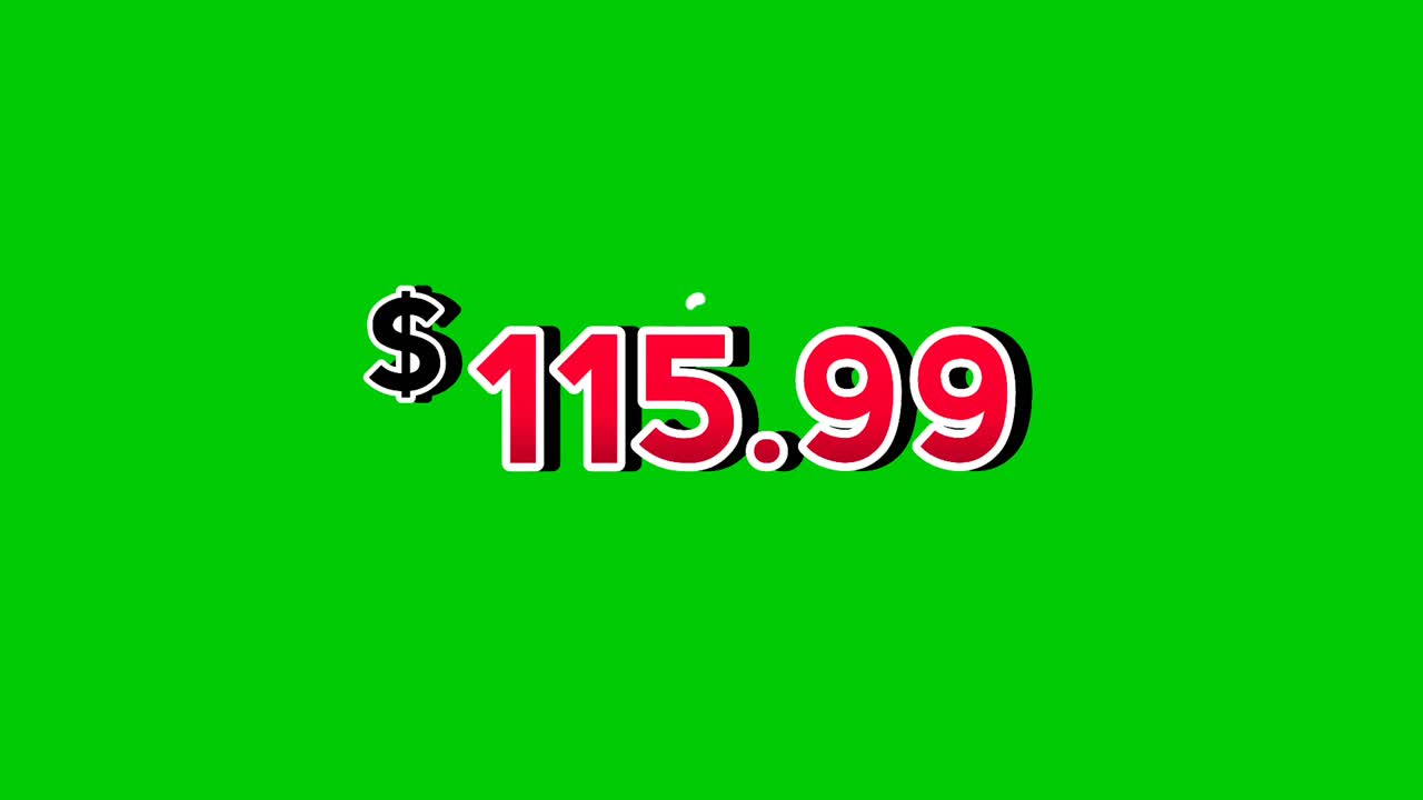 Animation red $115.99 dollars price tag motion graphics with smoke effects on green screen background. Perfect for ads, e-commerce, retail, discounts, and promo videos business concept video element